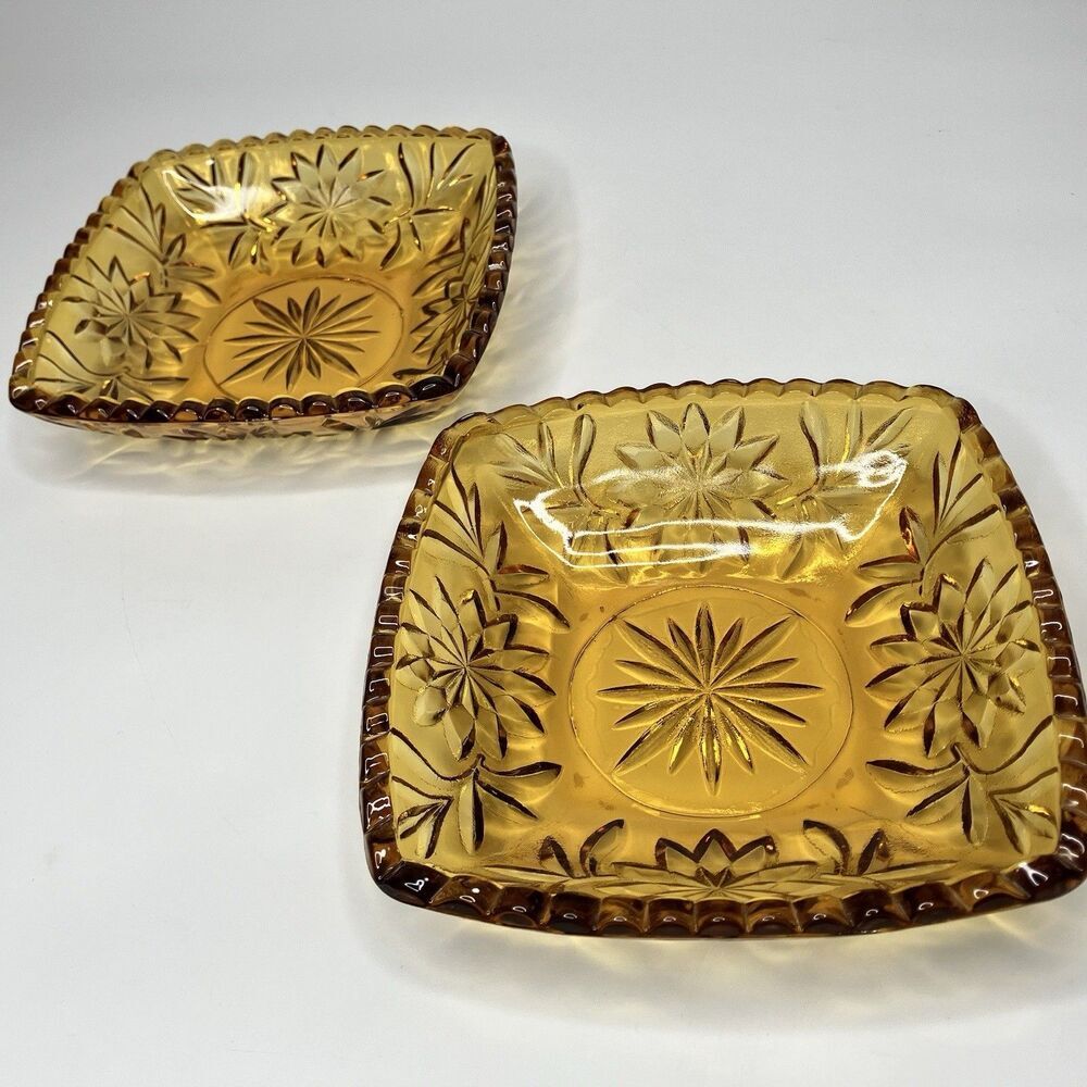 Vtg Set of 2 Amber Glass Square Candy Nut Dish Sunflower 6 1/2"